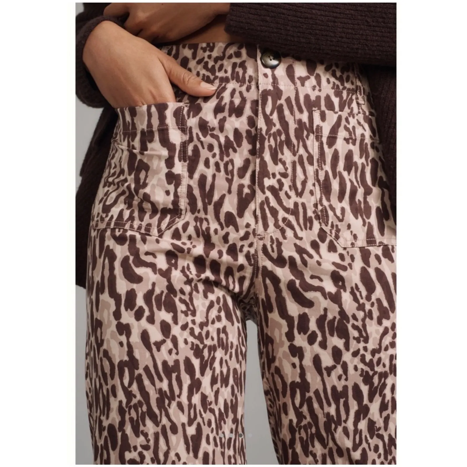 Maeve Colette animal print brown magic fabric crop Wide Leg Pants Anthropologie - Image 3
