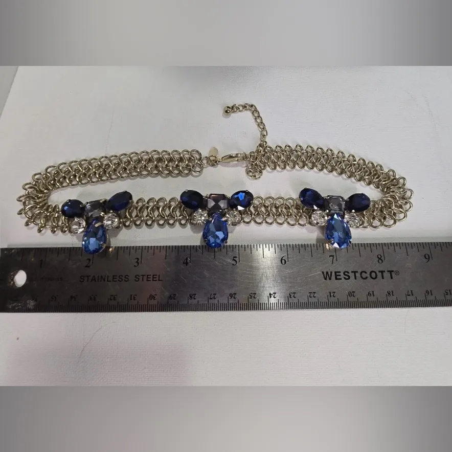 Chicos Blue N Clear Crystals Silvertone Link Chain Wide Collar Choker Necklace - Image 2