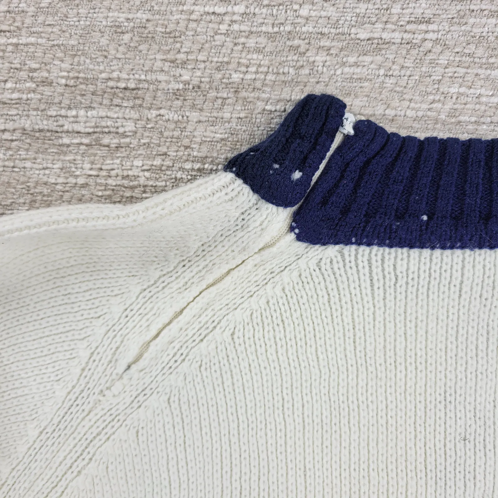 Vintage Nordic Knit Sweater Cream Red Navy Mock Neck Acrylic Wool Blend @L/XL White Size L - Image 15