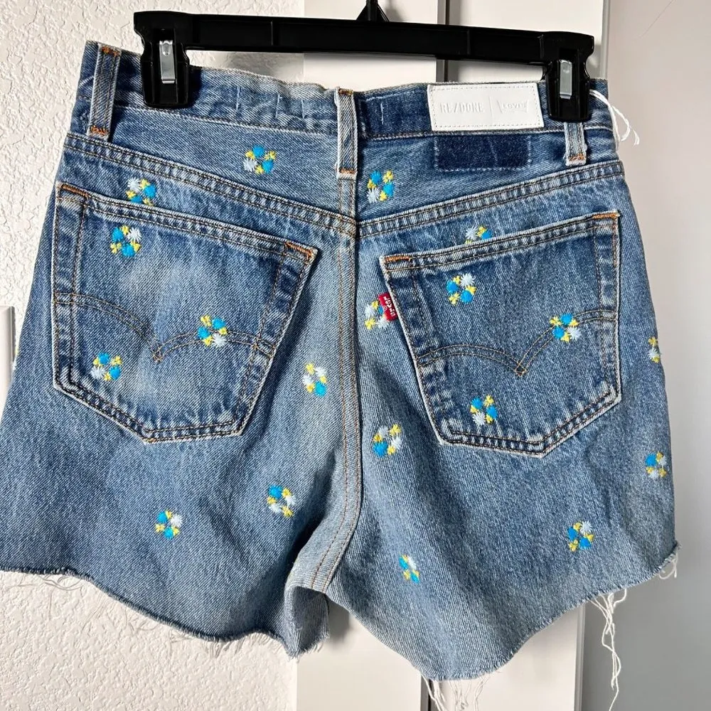 $265 RE/DONE x LEVI'S HIGH RISE THE SHORT FLORAL INDIGO SZ 25 Blue - Image 3