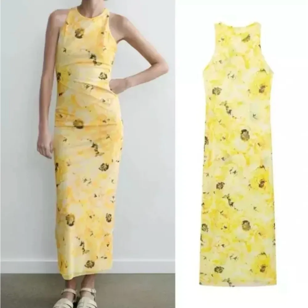 Zara yellow floral mesh criss cross back midi dress BLOGGERS FAVORITE!! NWT - Image 5