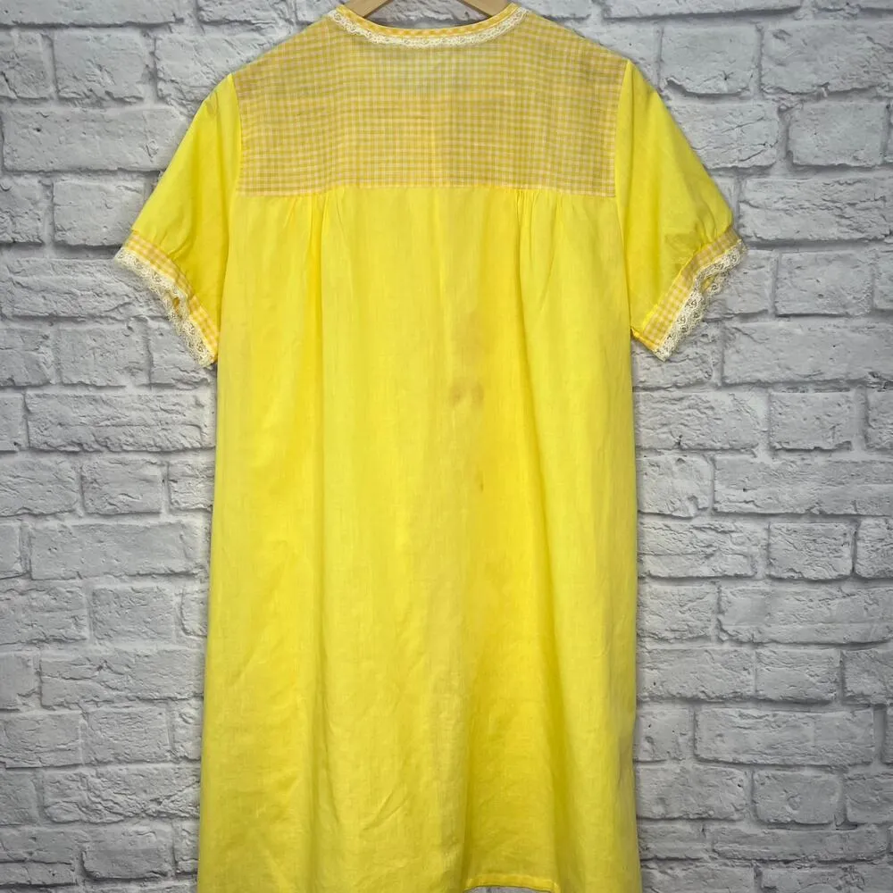 Vintage Archdale Maid House Coat Robe Button Front Yellow Gingham Bee M Lace Size M - Image 6