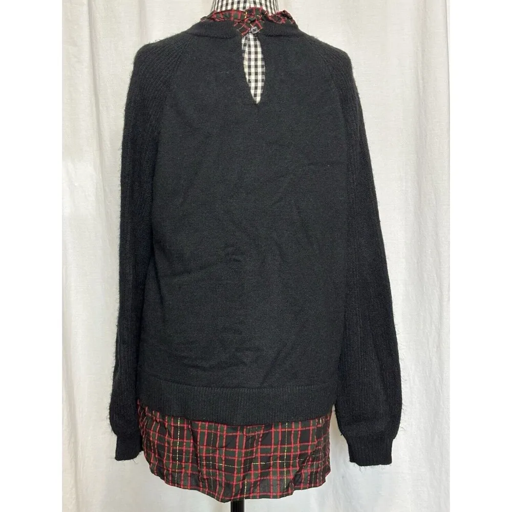 NEW NWT Ann Taylor Loft Womens L Black with Red Plaid Layered Look Sweater - Image 2