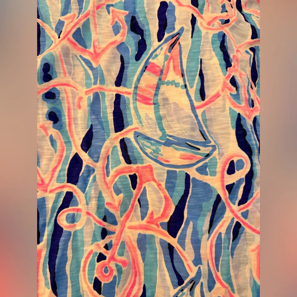 Lilly Pulitzer Etta V-Neck Top Short Sleeve Skim Blue Reel Nauti Anchor Tee NWOT - Image 4