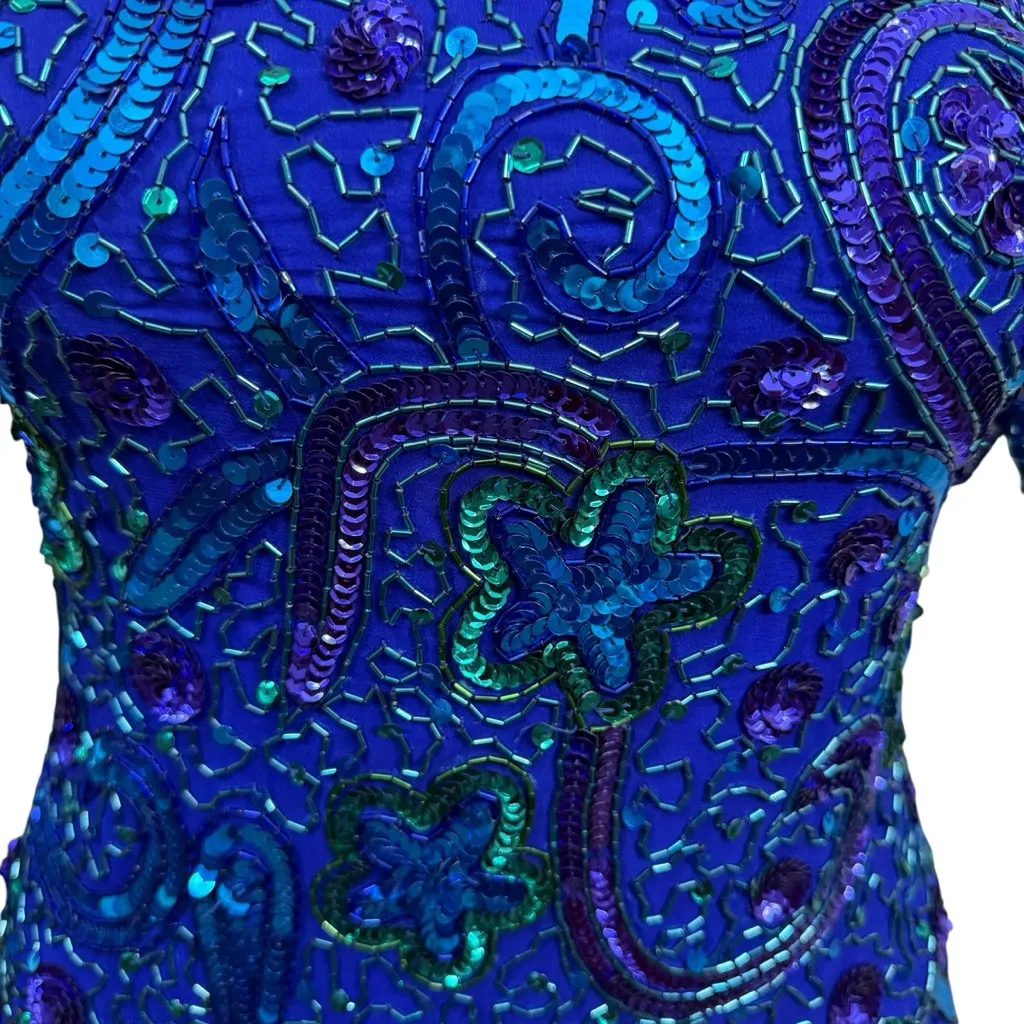Vintage Brilliante by J.A. Silk Beaded Sequin Evening Gown Blue Purple Green Wom Size L - Image 5