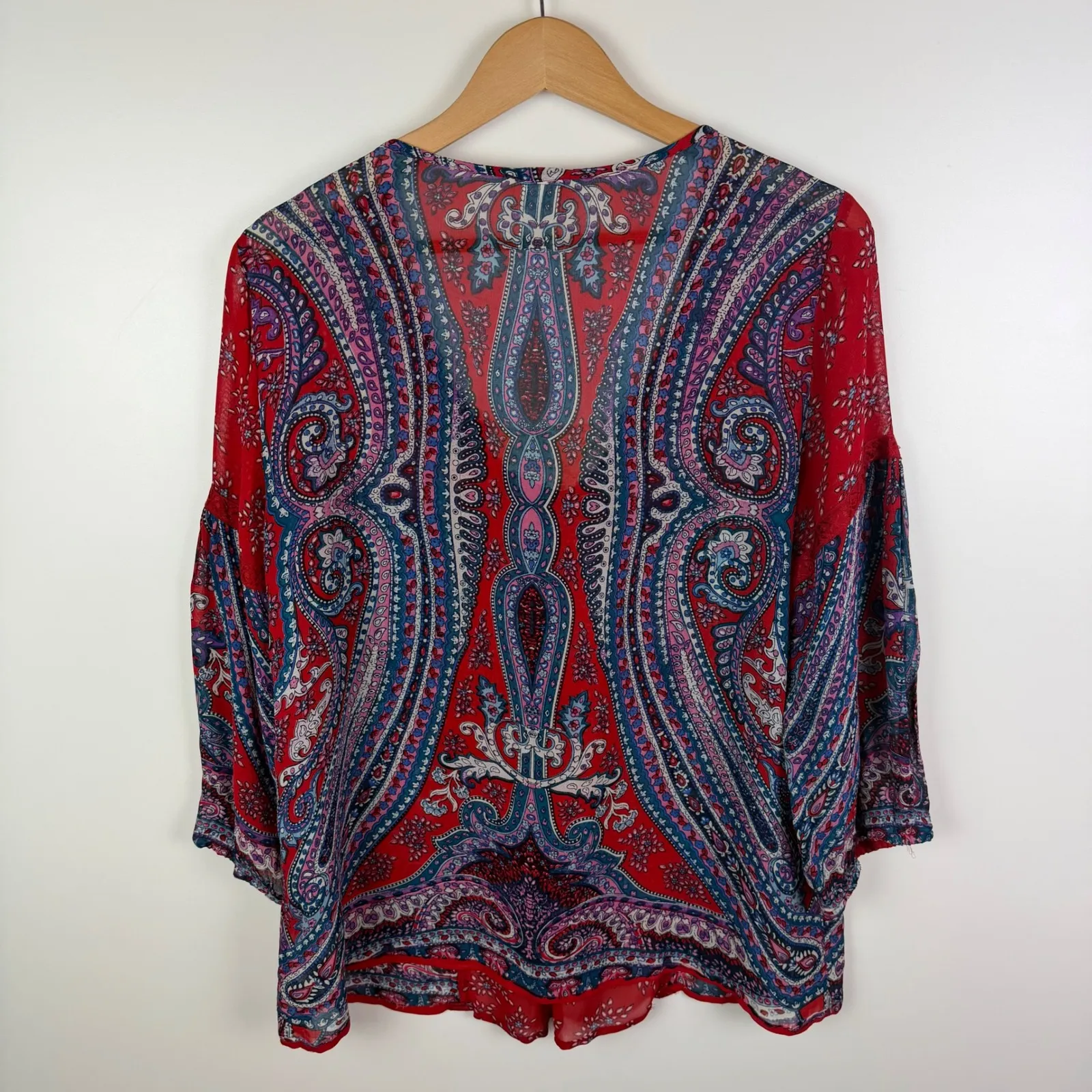 Bila Red Paisley Crochet Trim Blouse Medium Peasant Bandana Lightweight Boho - Image 4