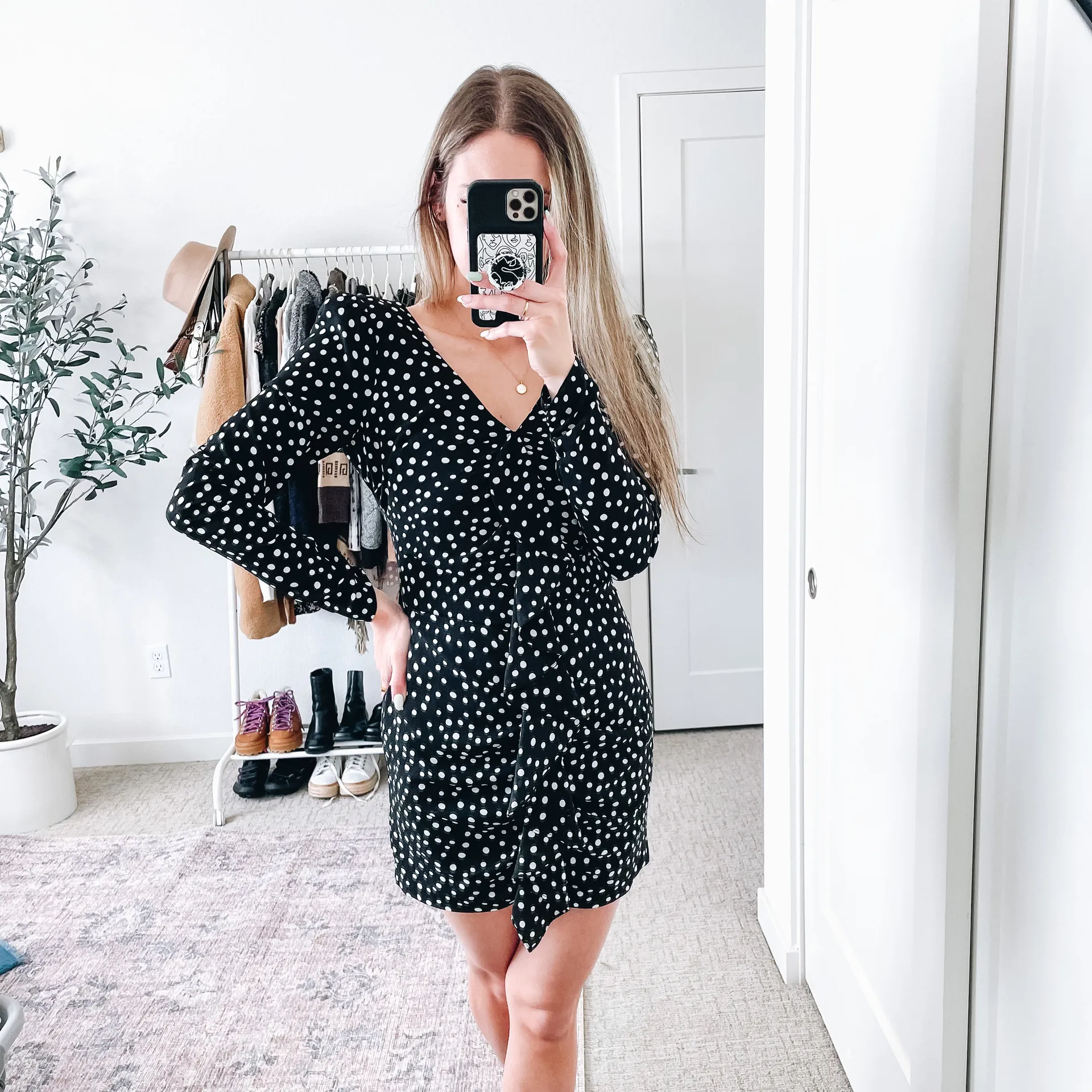 Corinne Black & White Polka Dot Long Sleeve Ruffle Mini Dress - Image 6