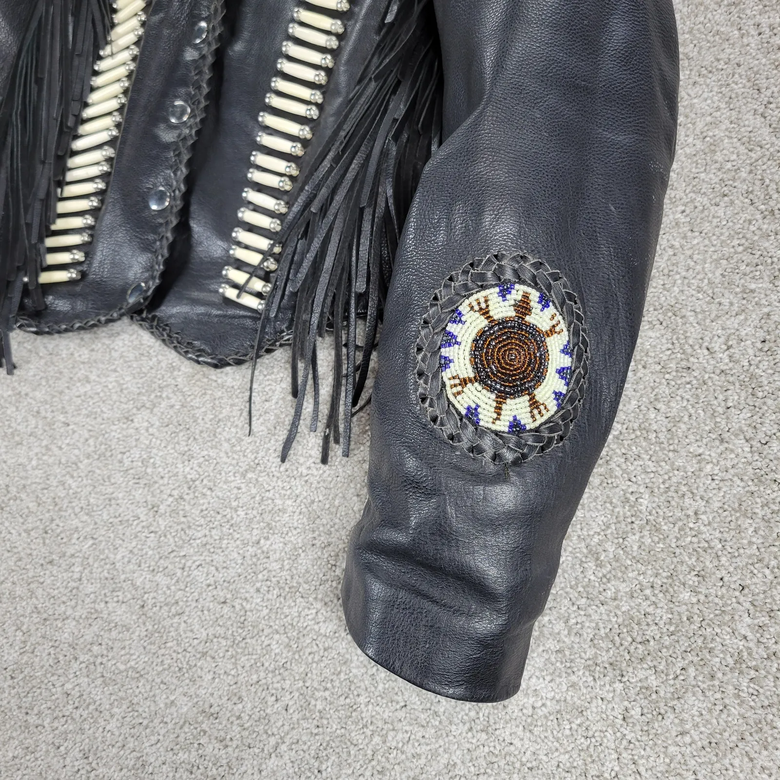 VTG Unik Leather Motorcycle Jacket Womens M Black Fringe Beaded Cropped Snaps Size M - Image 9