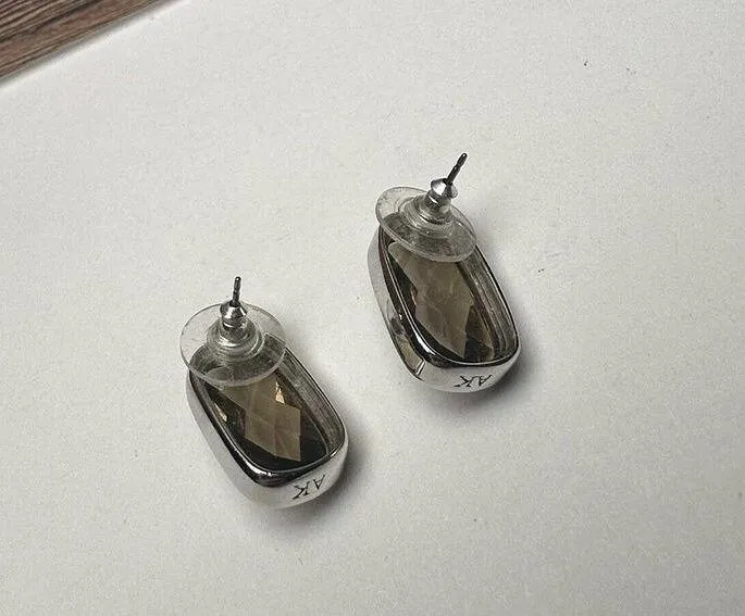 AK Anne Klein Silver Tone Greenish Grey Rhinestone Stud Pierced Earrings - Image 4