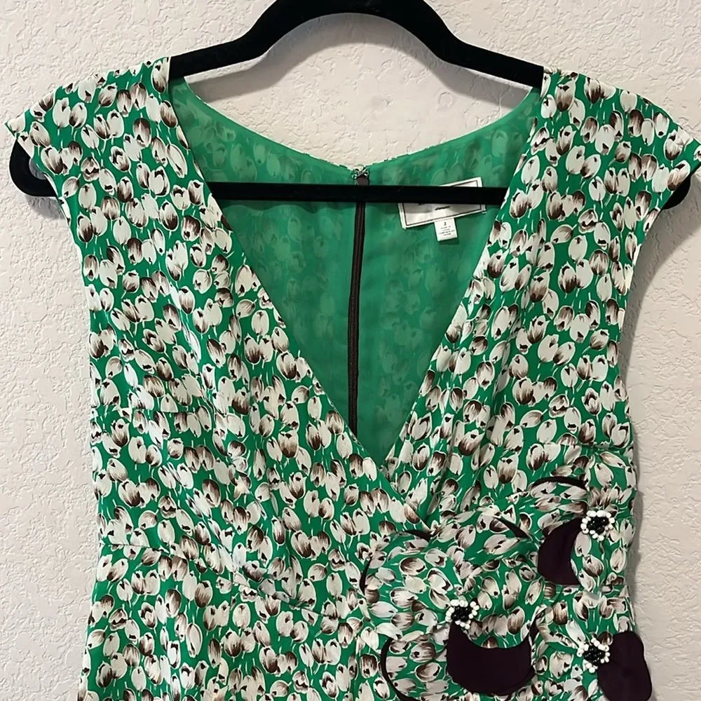 MOULINETTE SOEURS (Anthropologie) Silk Green/Brown Tulip Dress, Size 2 - Image 2