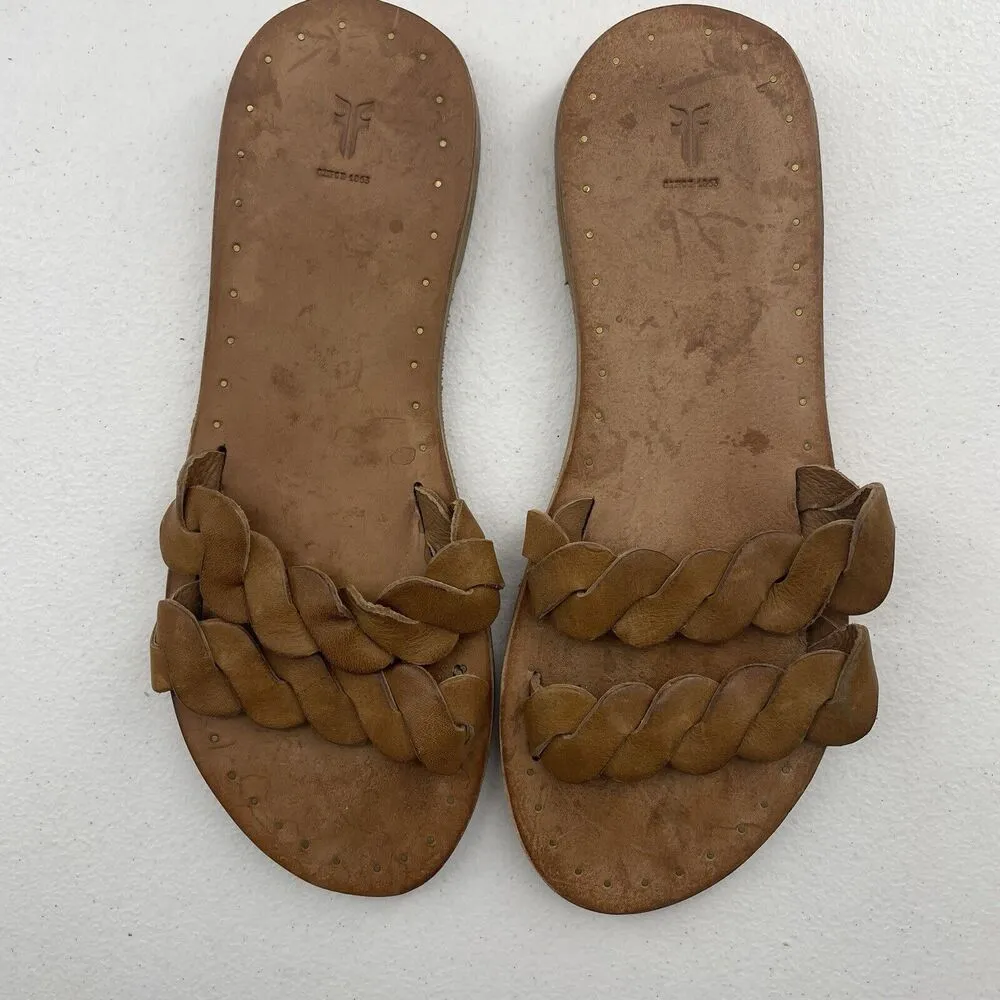 Frye Women's 7.5 Azalea Braided Slide Sandals Brown Leather Flats Open Toe - Image 7