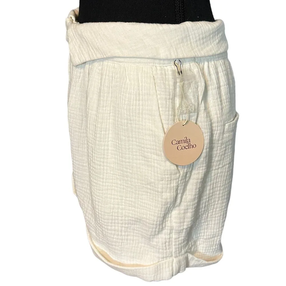 Camila Coelho White Wide Leg Shorts MEDIUM Cotton Gauze Pockets Cuff $158 NEW - Image 5
