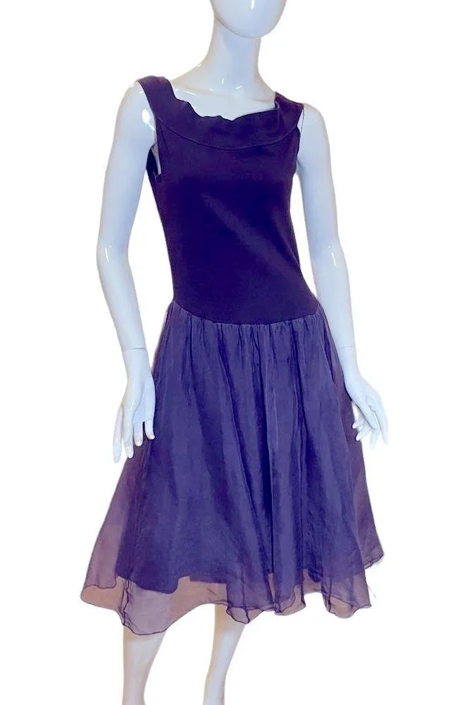 Purple and White Fit and Flare Midi Dress for Cocktail Size L - Image 3