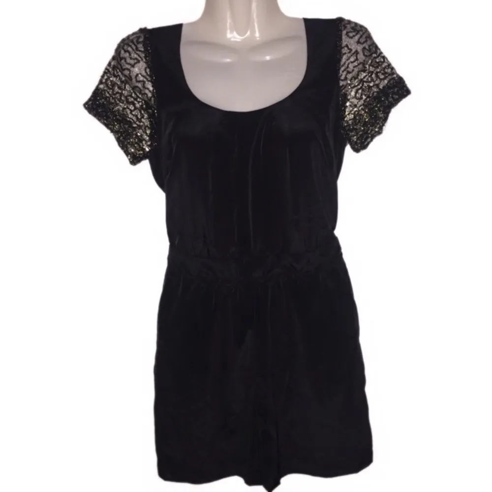 BCBG Back Cutout Sheer Sleeve Romper Black XXS - Image 3