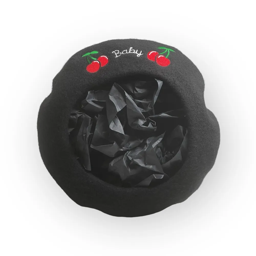 VHTF: Valfre ☻︎ Cherry Bomb Baby Embroidery Wool French Beret ☻︎ Black XS S M L - Image 2