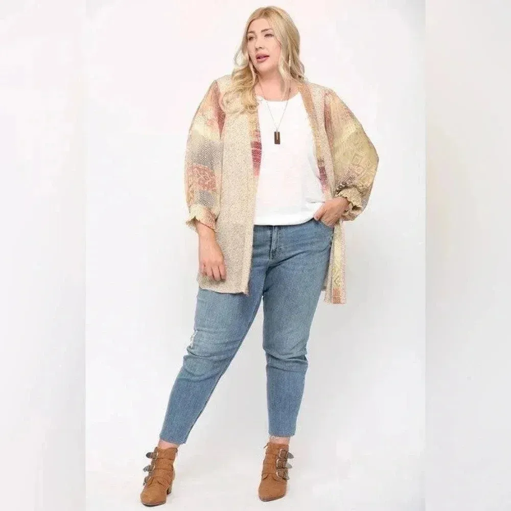 Solid Knit & Chiffon Mixed Cardigan Oatmeal color boho lightweight cardigan - Image 9