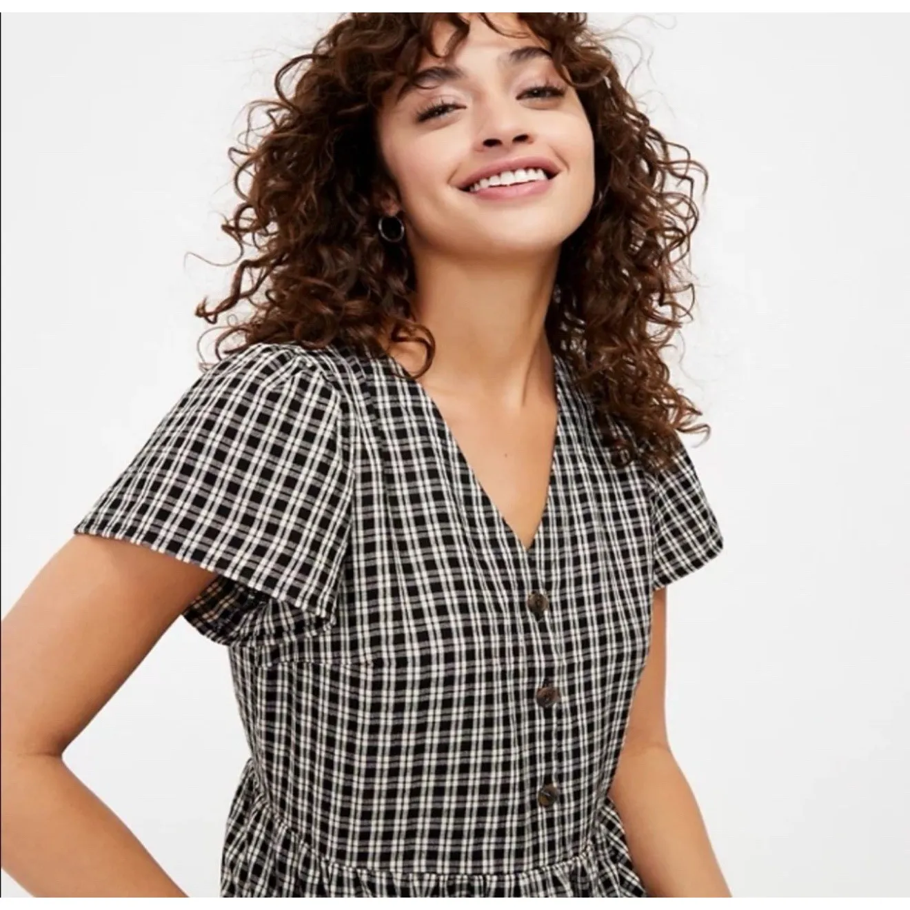 LOFT Women Black White Plaid Tiered Shirtdress Short Sleeve Button Front Size PM - Image 4