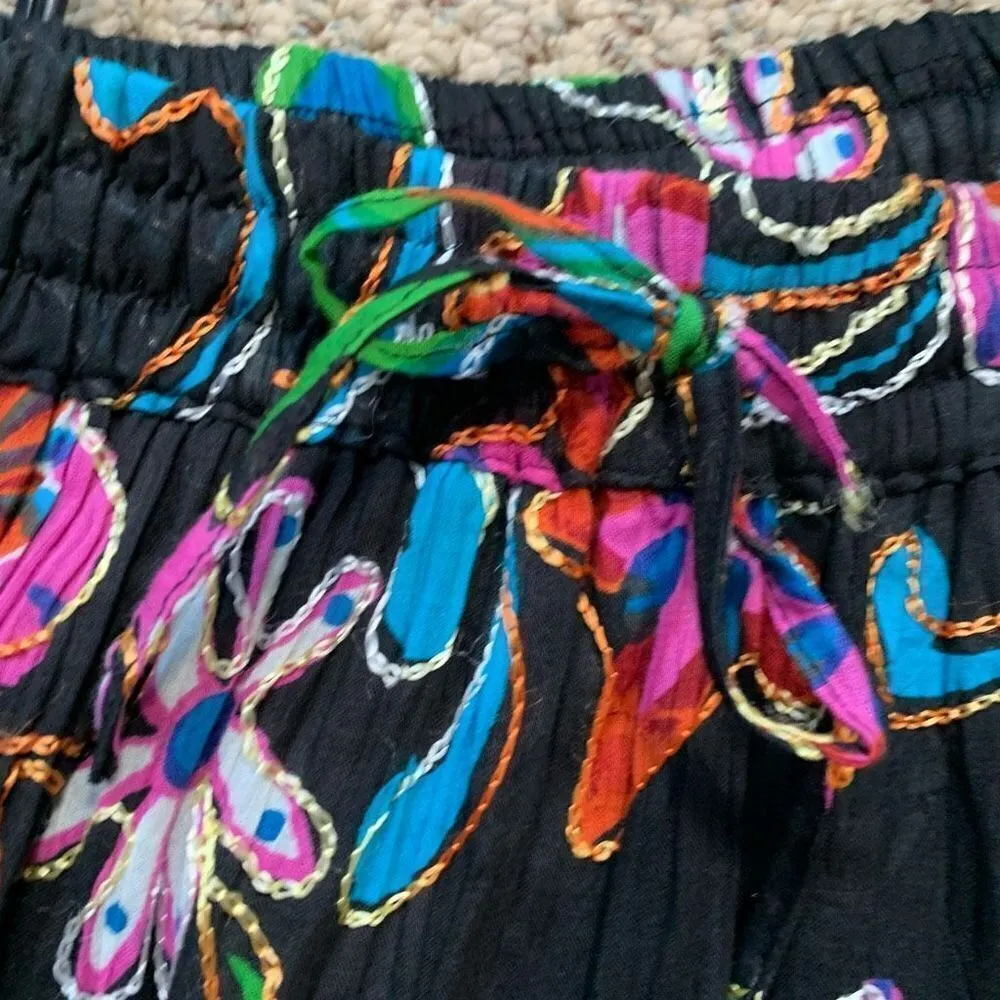 Vintage 90s Maxi Skirt Black Multicolor Floral Print Ribbon Detail Tiered Medium - Image 8