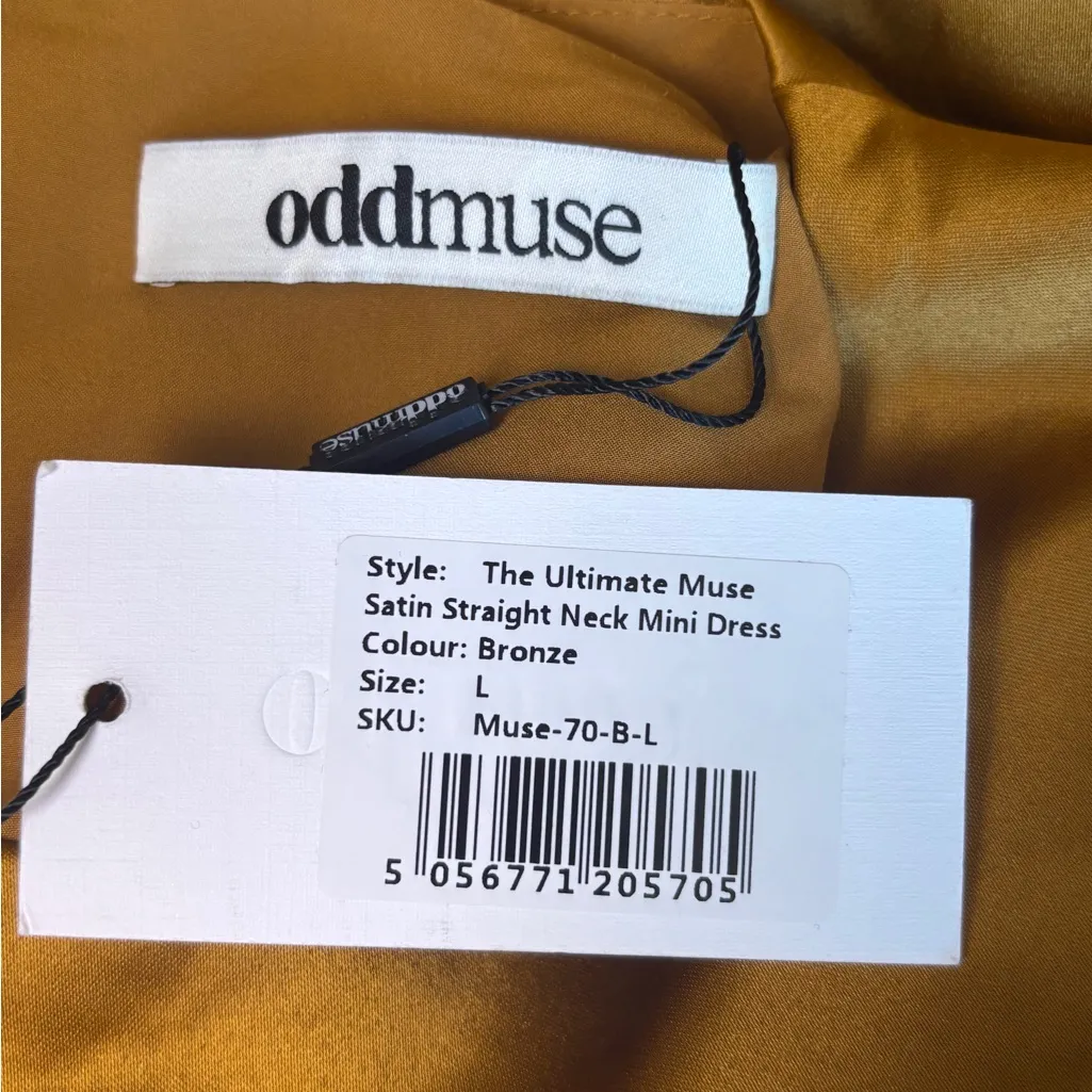 NWT Odd Muse Bronze Satin The Ultimate Muse Straight Neck Ruched Mini Dress L Gold Size L - Image 4