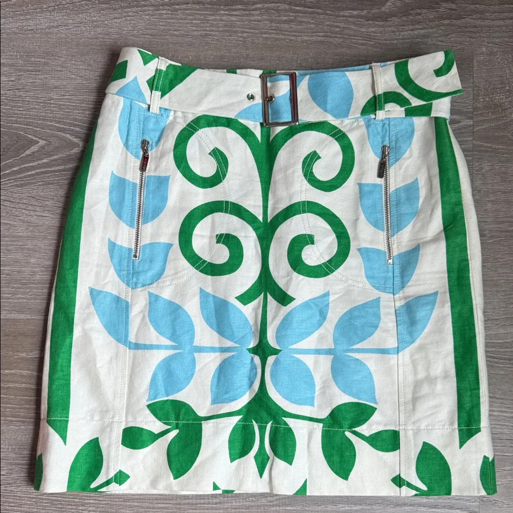 Tory Burch Vintage-Inspired Green & Blue Leaf Print Mini Skirt with Belt 4 - Image 2