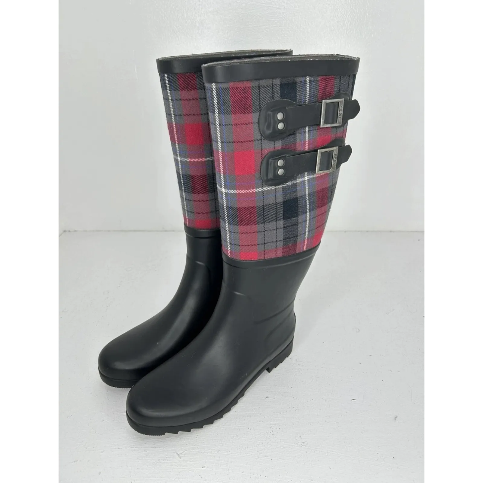 UGG Plaid Rain Boots Women's US 7 Black Red Tall Buckle Waterproof Winter - Image 3