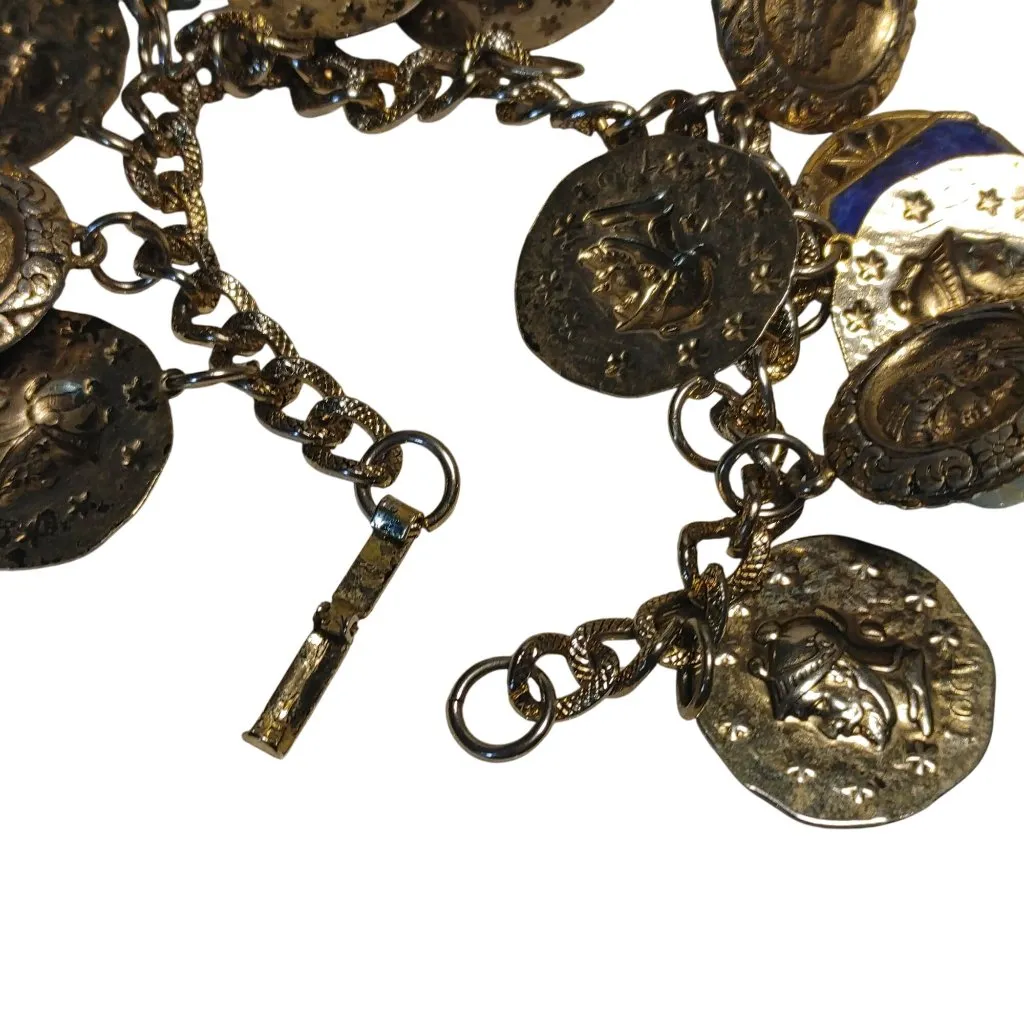 Coin Charm Bracelet Vintage Lapis Lazuli Turquoise Glass Stone Egyptian Etruscan Gold - Image 6