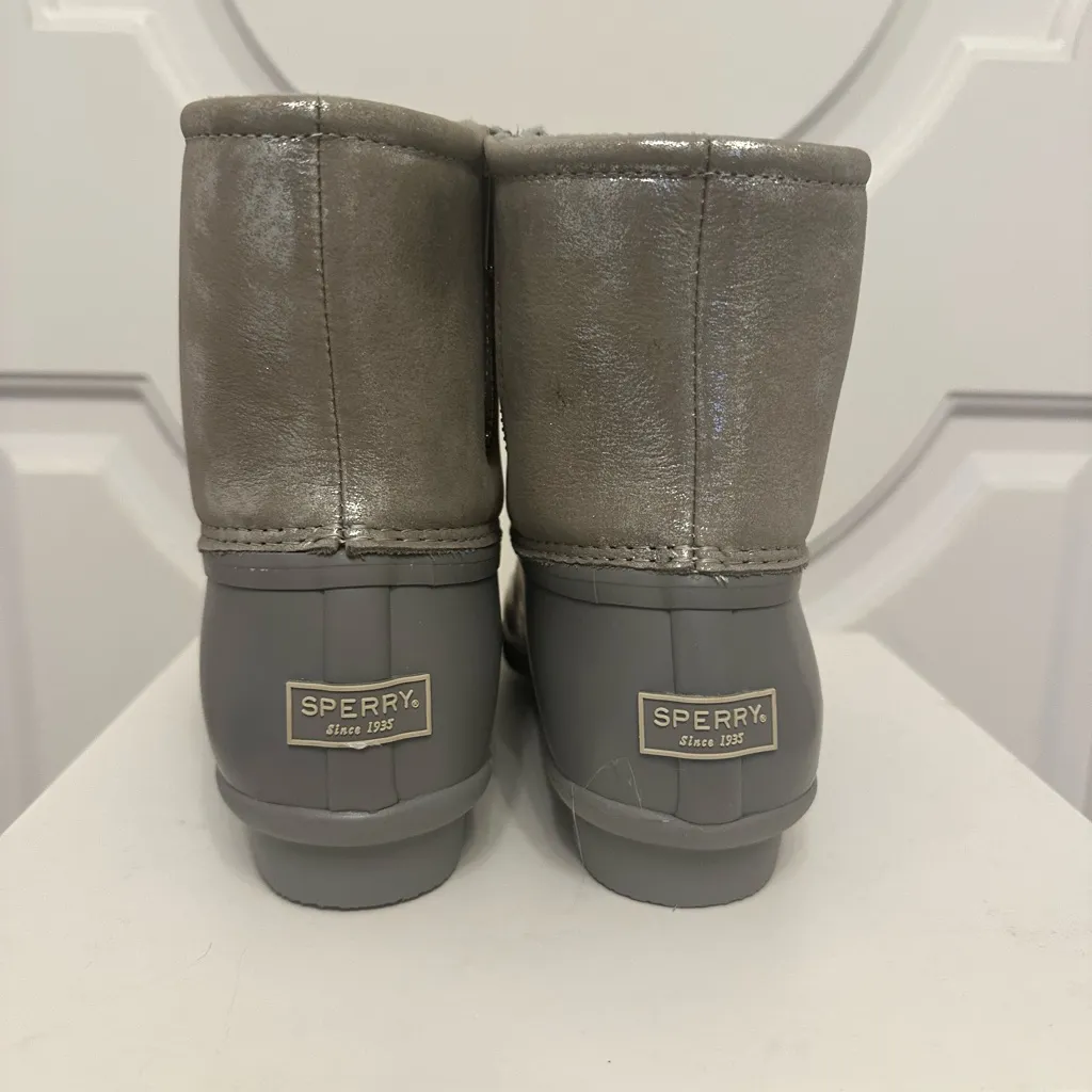 Sperry Saltwater Waterproof Metallic Leather Duck Rain Boots Silver Gray NEW - Image 6