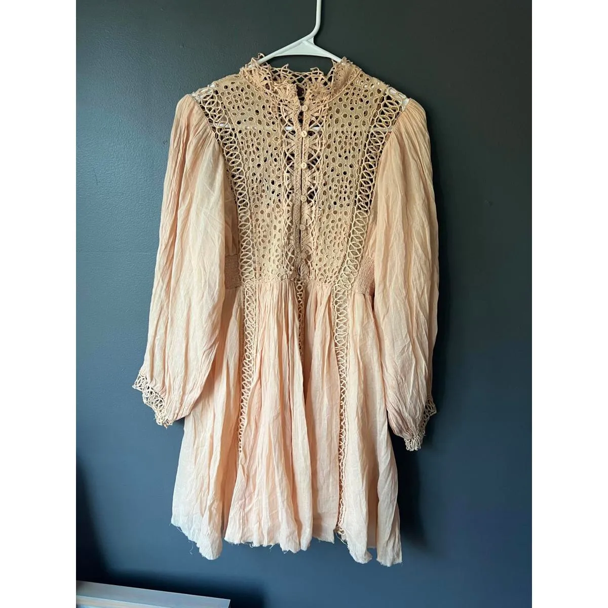 Free People One Karma Boho Long Sleeve Peach Crochet Detail Dress - Image 2