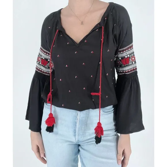 Ban Jara Boho Embroidered Black Blouse with Bell Sleeves - Image 2