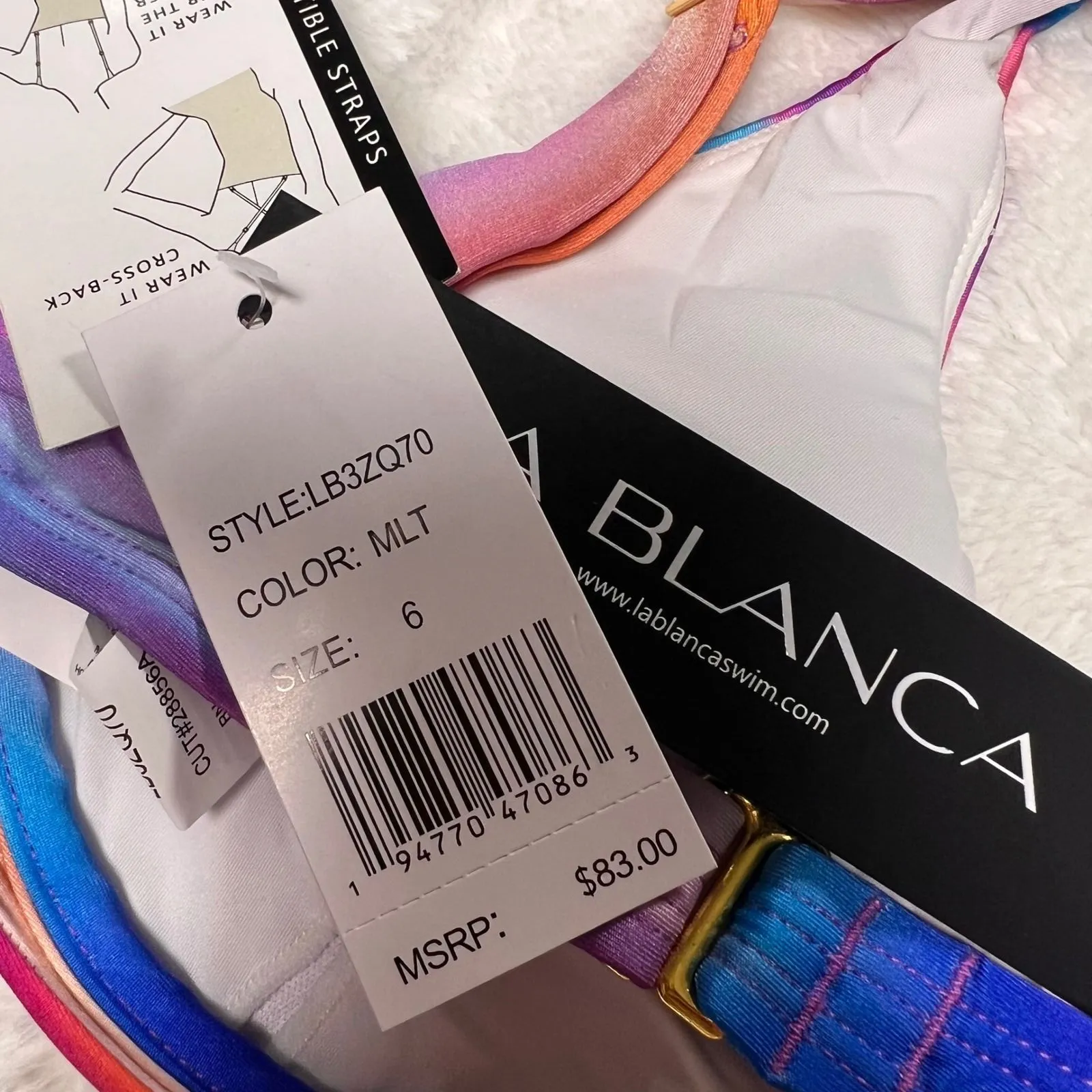 LA BLANCA Convertible Straps Twisted Halter Bikini Top Rainbow Print Size 6 NWT - Image 5