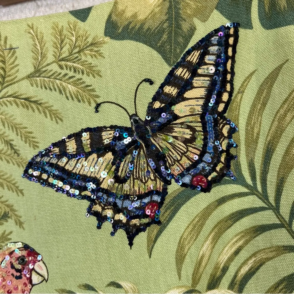 Muse Linen Sequined Parakeets & Butterflies Straight Skirt Green Size 14 - Image 7