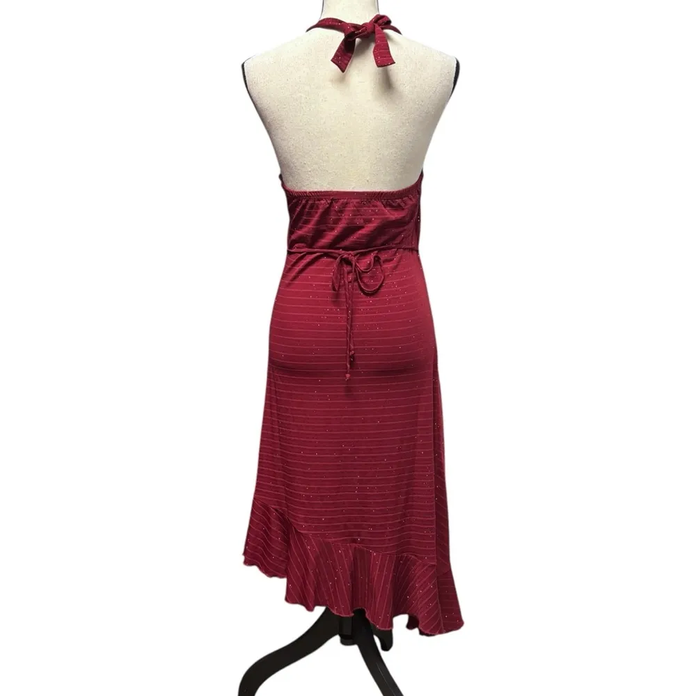Y2K Red Glitter Asymmetrical Halter Dress Size M - Image 5