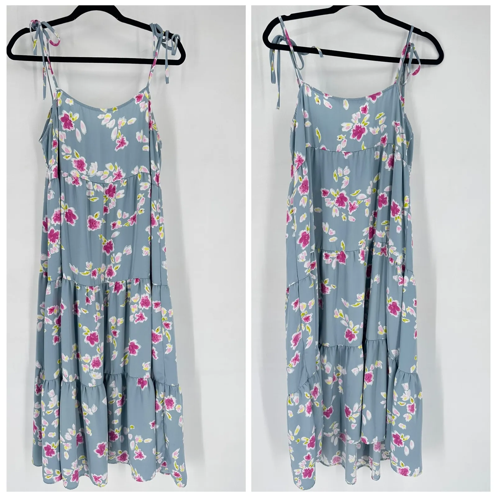 ZARA Tiered Floral Maxi Dress Square Neck Tie Shoulder Blue Pink Size L - Image 3