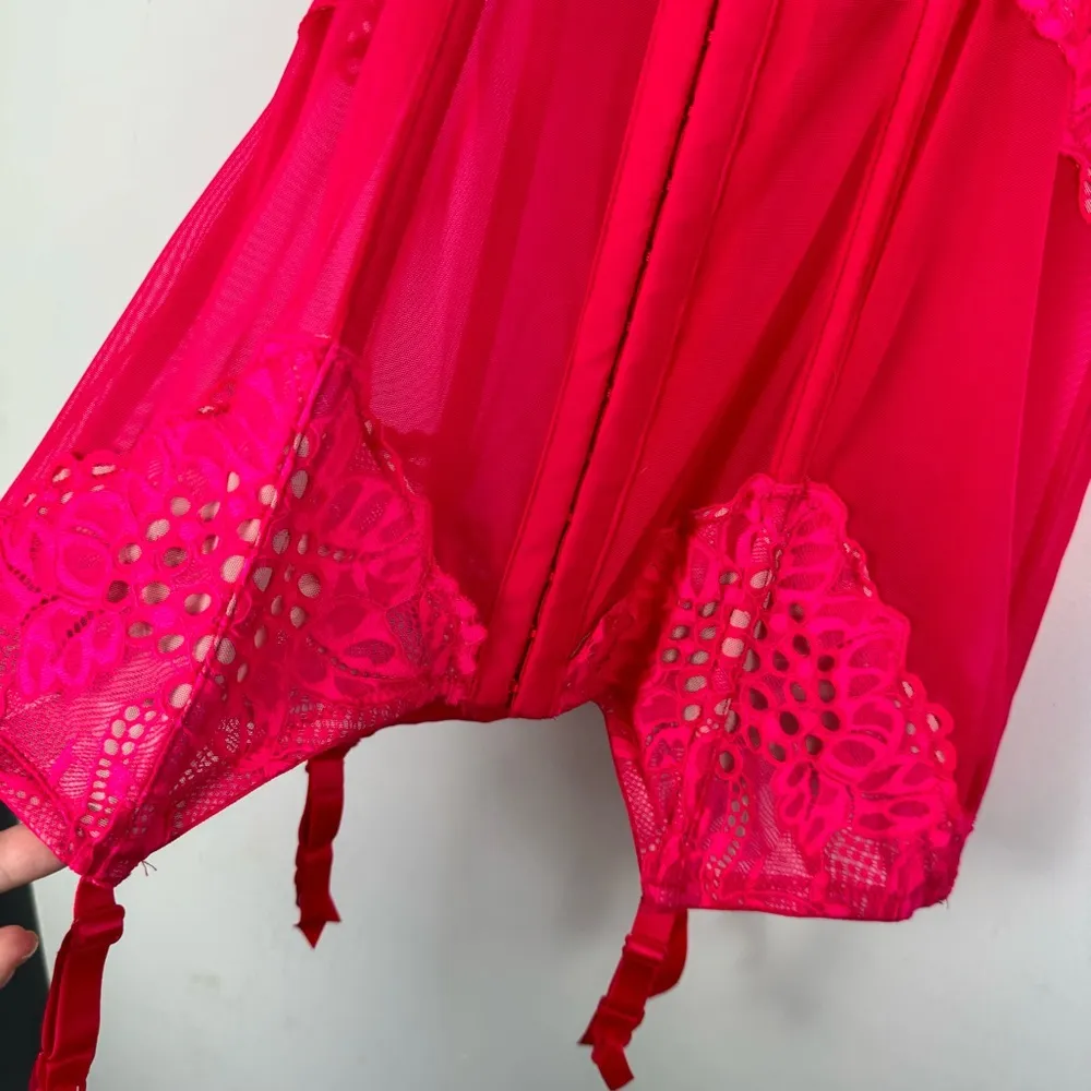Victoria’s Secret Hot Pink Lace Mesh Corset Teddy Sz 36C Garter Straps Cutout - Image 15