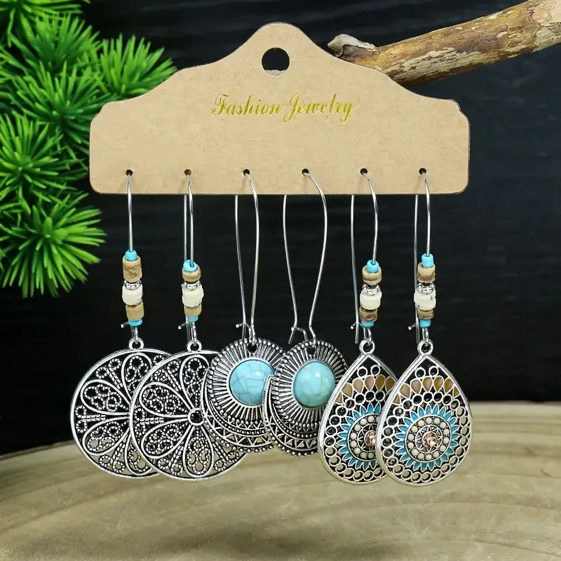 NEW Set of 3 Boho Western Silver Earrings – Beachy Bohemian Style, Turquoise - Image 2