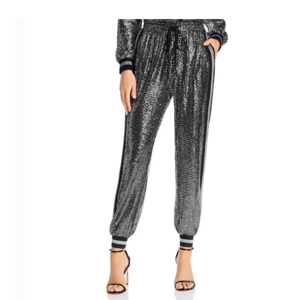 PAM & GELA Mirror Ball Sequin Jogger Pants Black Silver Drawstring Size S - Image 2