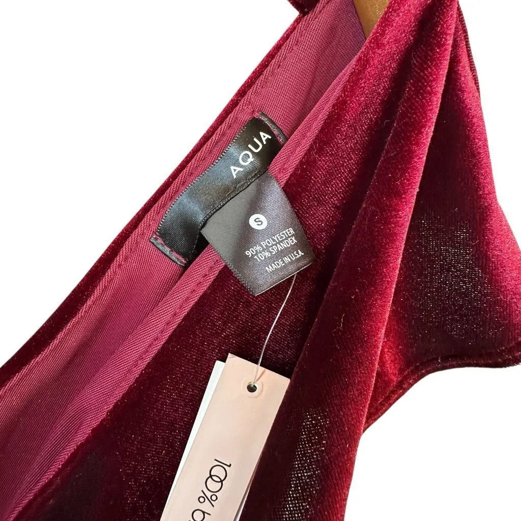 NWT Aqua Zinfandel Deep Wine Red Stretch Velvet Ruffled Dress Size Small - Image 6