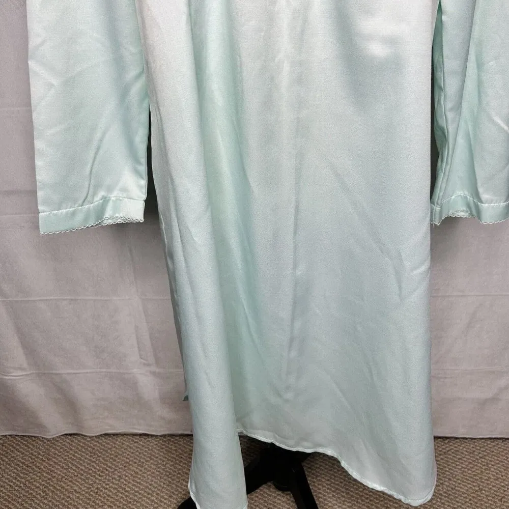 Miss Elaine Nightgown Aqua Satin Embroidered Floral Gown Sz S - Image 3
