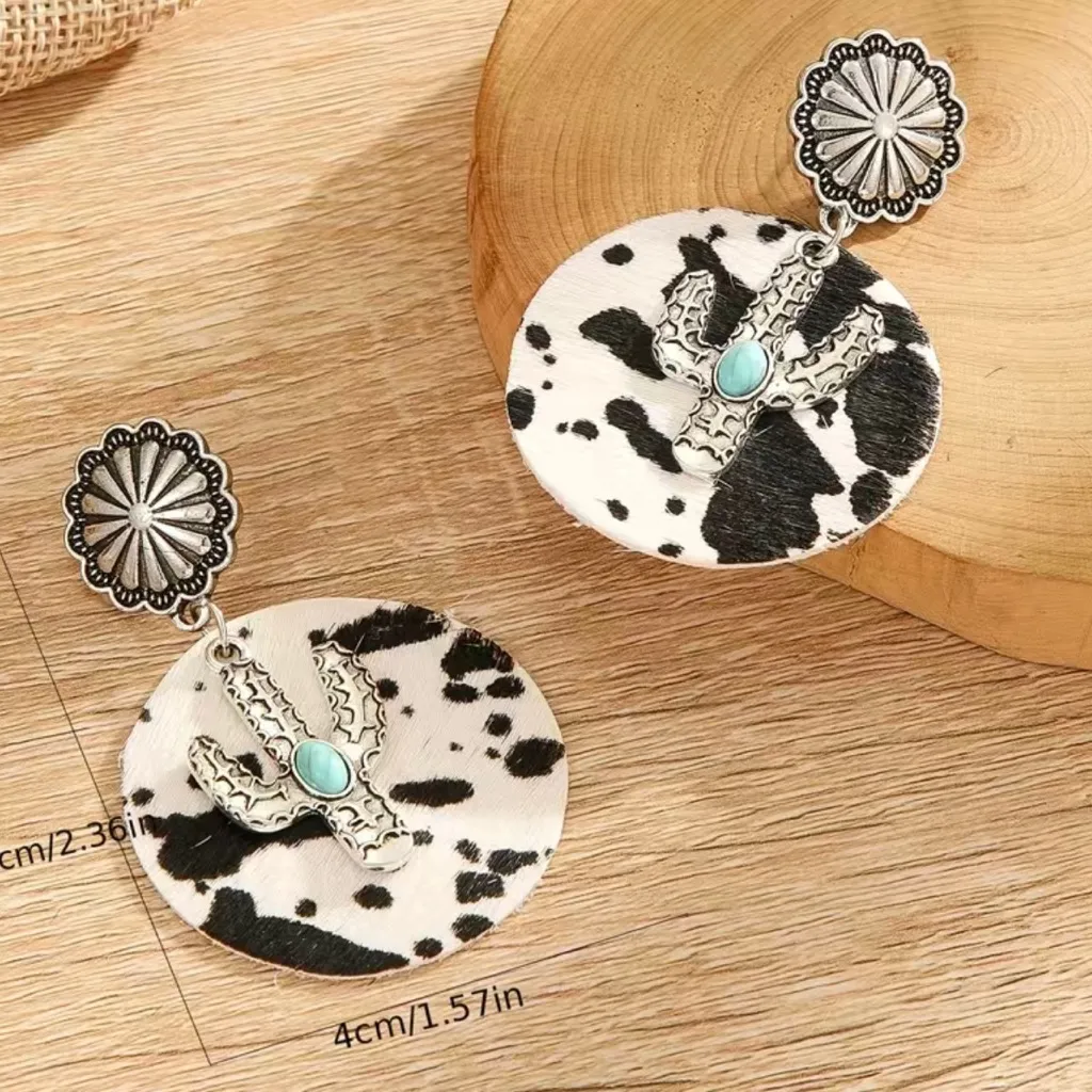 Cow pattern cactus with turquoise decor‎ dangle ethnic style earrings Black - Image 4