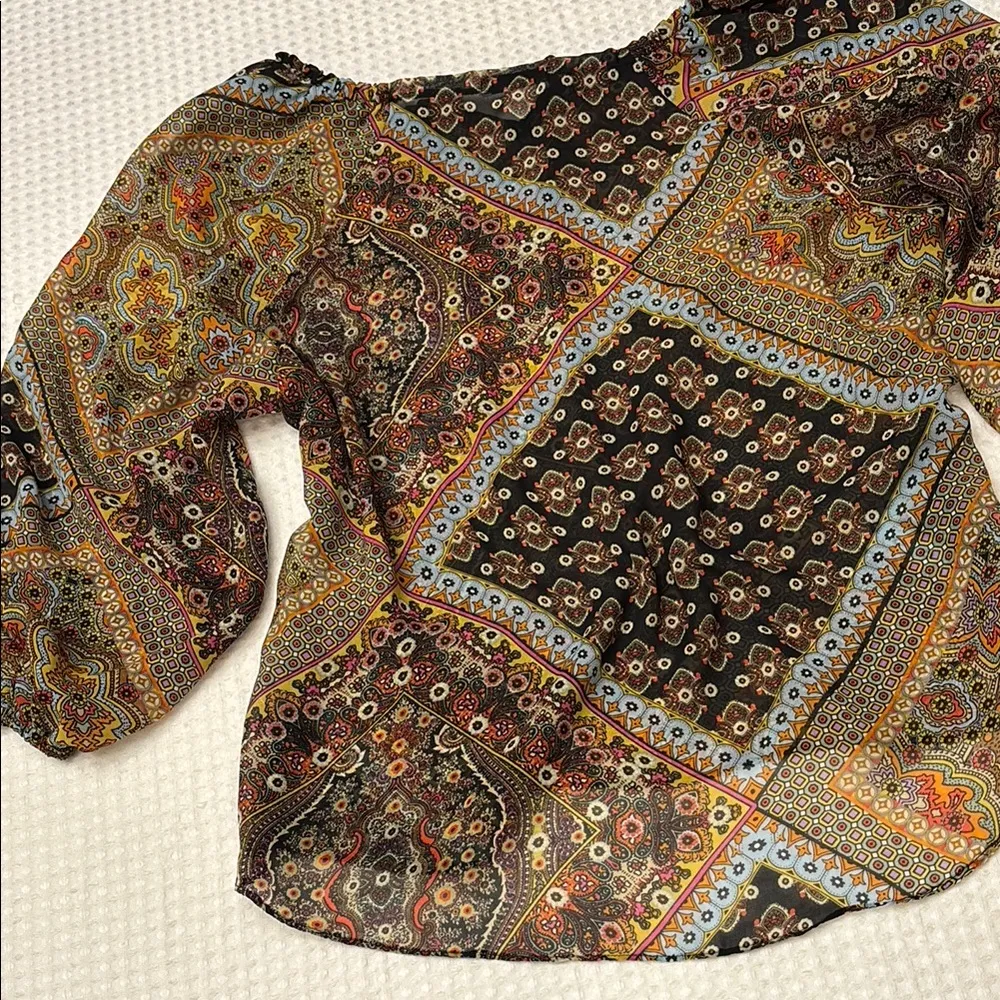 CHA CHA VENTE Size M Bohemian Paisley Floral Semi Sheer Women's Top Blouse Brown Size M - Image 7