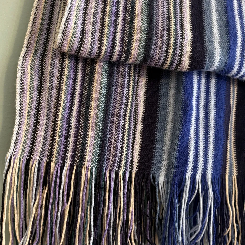 Missoni Made in Italy Blue & Purple Striped Knit Wool Blend Scarf with Fringe - Image 6