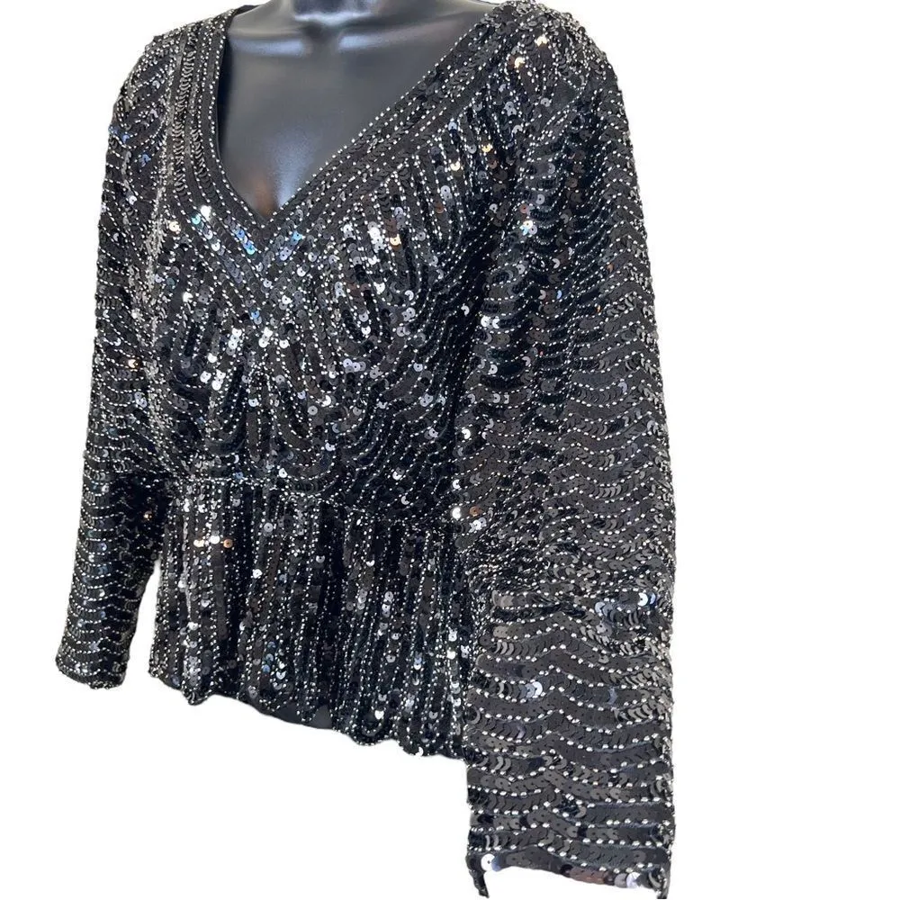 Black Sequin Embellished Peplum Blouse - Beulah Style - Image 6