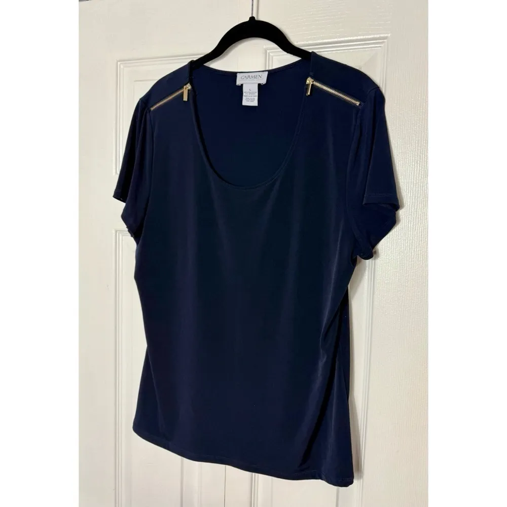 Carmen Marc Valvo Navy Blue Zip Shoulder Short Sleeve Stretch Top Size Large - Image 8