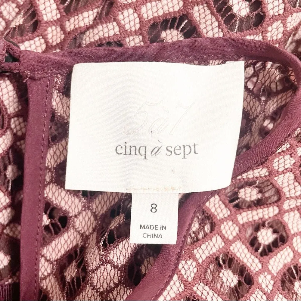 Cinq a Sept Cosette Dress Bell Sleeve Mulberry Pink Lace Overlay Babydoll Size 8 Red - Image 12