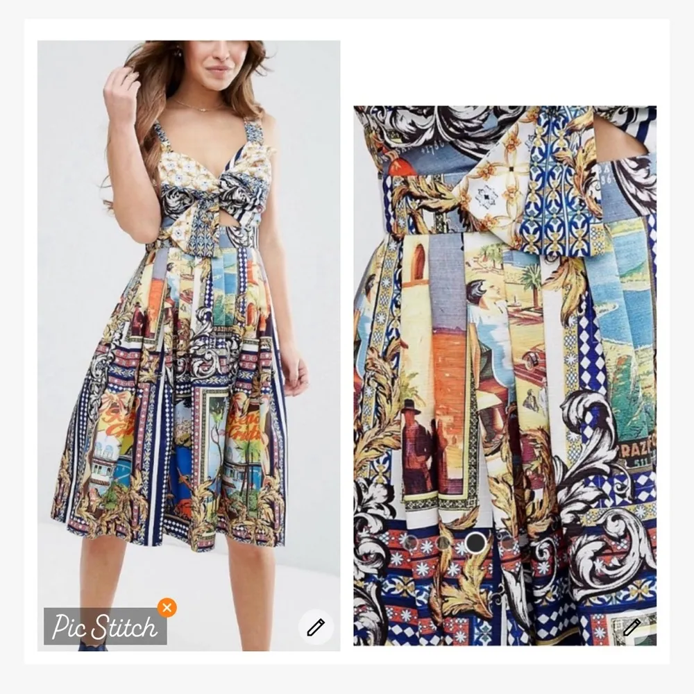 Asos Bow Detail Cut Out Scenic Print Skater Dress - Image 3