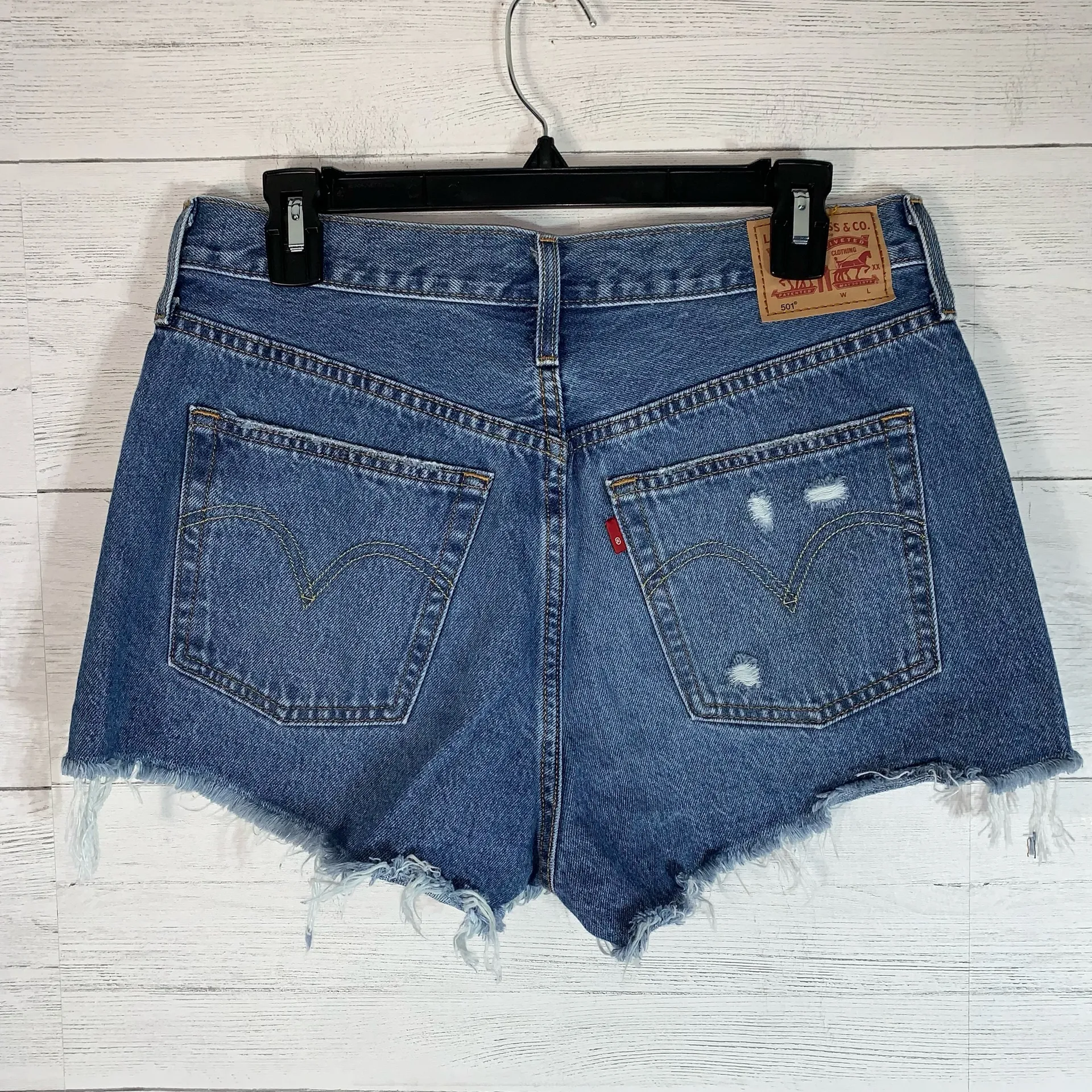 Levis 501 Cut Off Denim Shorts Womens 30 Blue Medium Wash Button Fly Distressed - Image 3