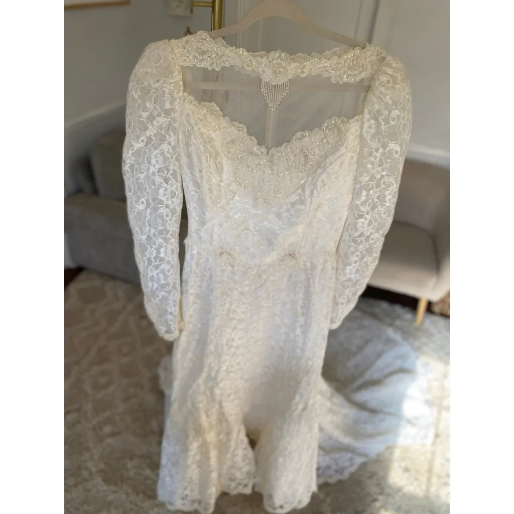 Vintage Romantic Lace Overlay Long Sleeve Wedding Dress Clean Girl Castle Bride White - Image 7