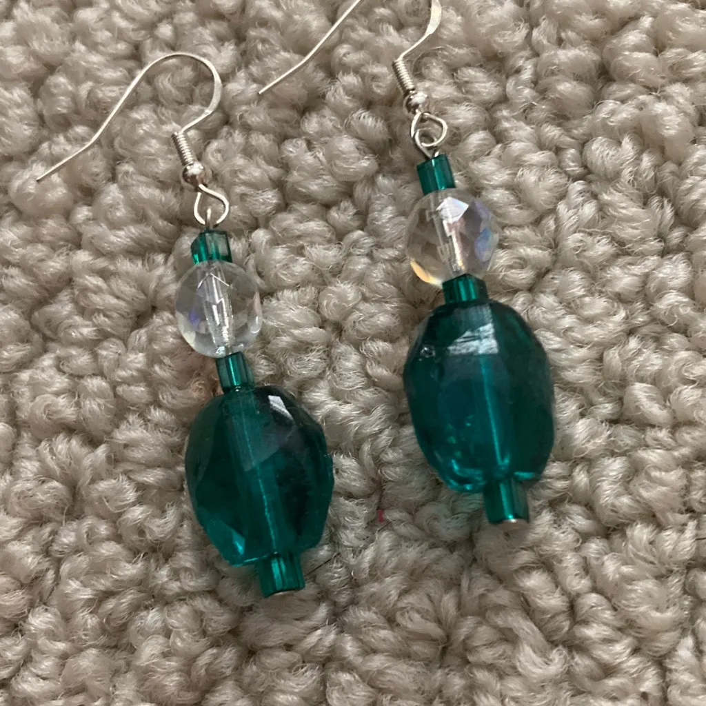 Emerald Green and Clear Drop Earrings Artisan Handmade - Image 2