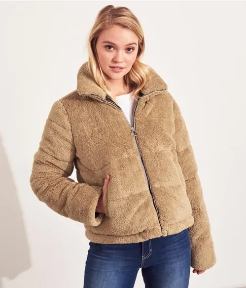 Fuzzy Puffer Jacket Tan Size M - Image 2