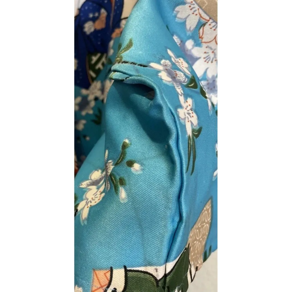 Jade Blue Floral Geisha‎ Girl Kimono Robe Pockets Hong Kong Asian Vintage Size L - Image 5